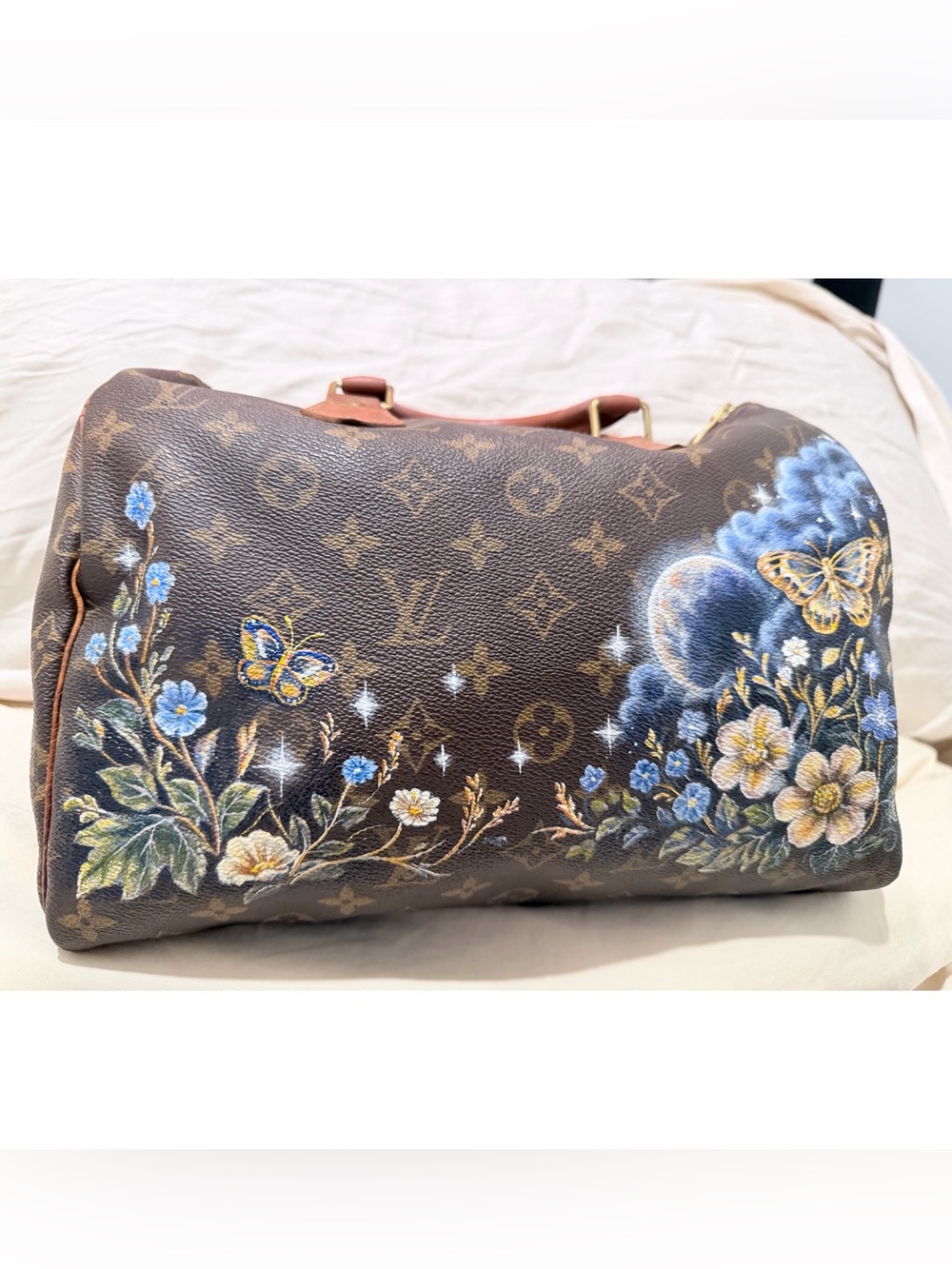 Hand Painted Louis Vuitton Speedy 30 with Celestial Floral Butterfly Moth Motif - Picture 3 of 12